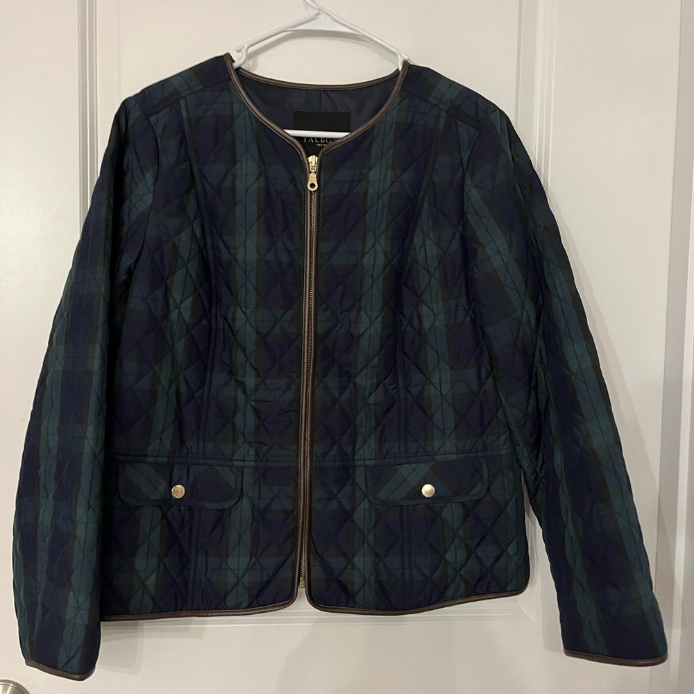 Talbots 14 Petite Tartan Plaid Quilted Zipper Jacket Coat Navy Green Preppy